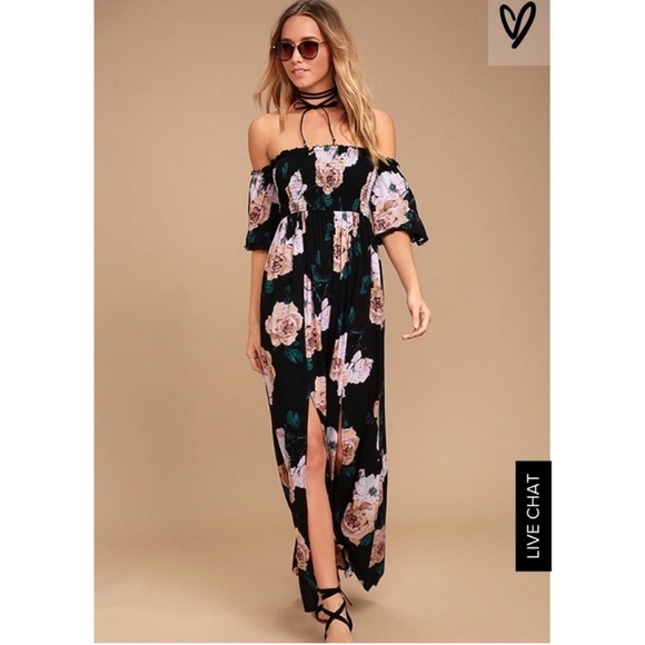 NWT Lulus Primrose Princess Black Floral Print Off-the-Shoulder Maxi Dress - Picture 2 of 11